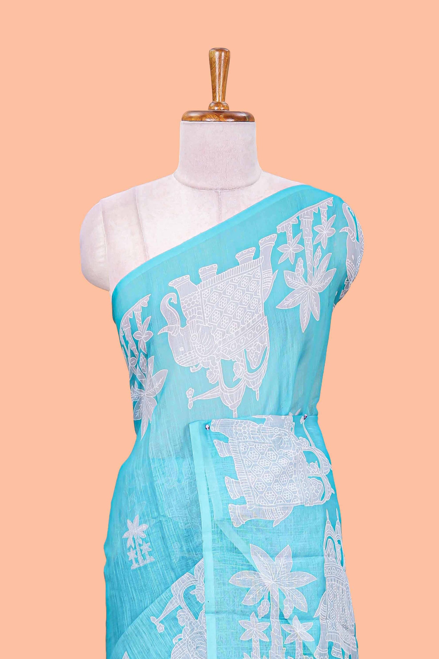 Turquoise green linen cotton palm tree and elephant print saree with self border and matching printed blouse