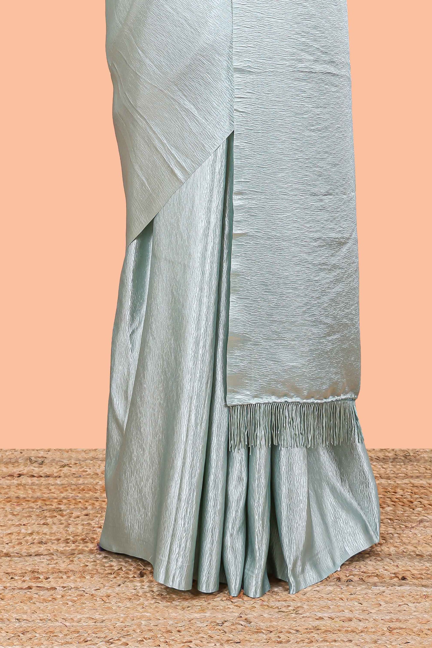 Borderless blue crush texture satin crepe saree with contrast embroidery blouse