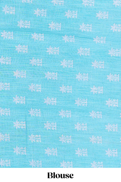 Turquoise green linen cotton palm tree and elephant print saree with self border and matching printed blouse