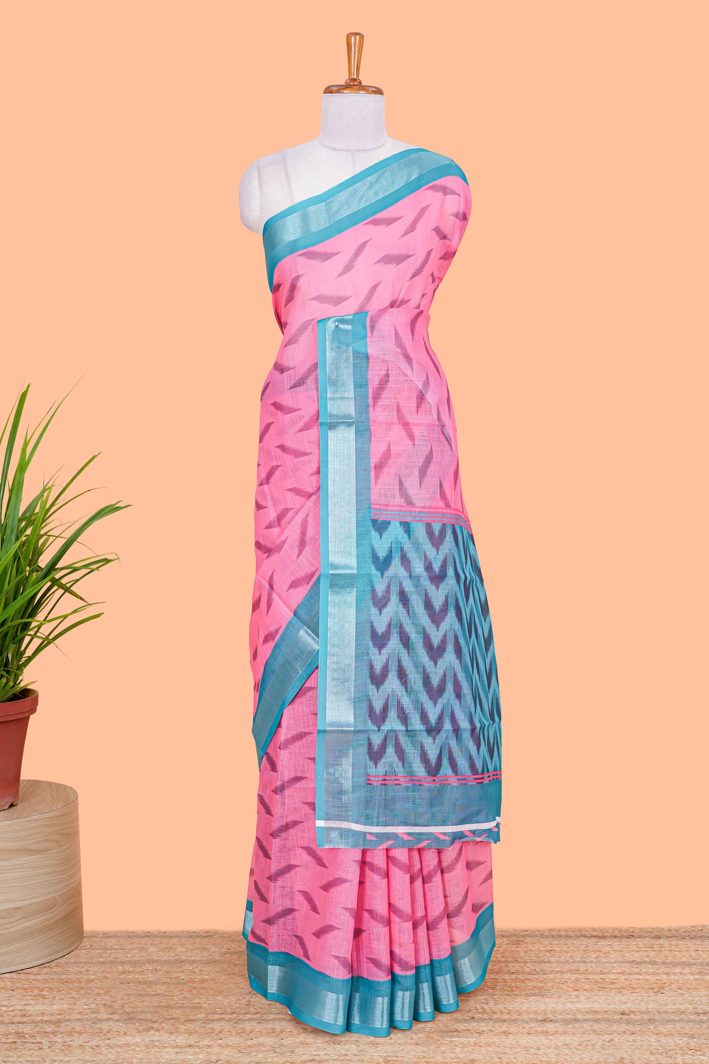 Pink Ikkat style linen cotton saree with contrast border and pallu