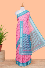 Pink Ikkat style linen cotton saree with contrast border and pallu