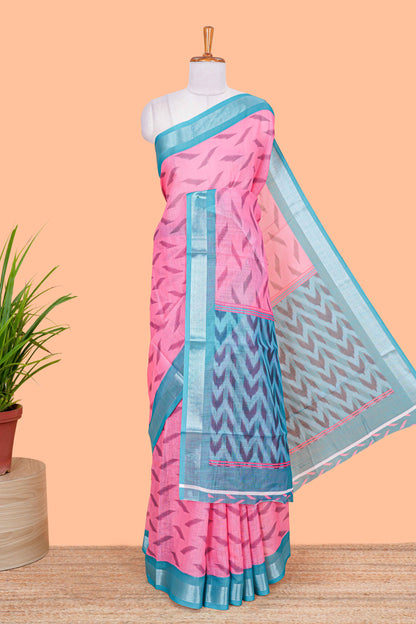 Pink Ikkat style linen cotton saree with contrast border and pallu