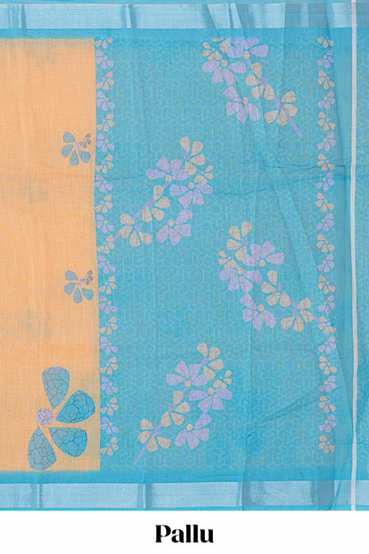 Orange floral printed linen cotton saree with contrast silver zari border, contrast pallu and blouse