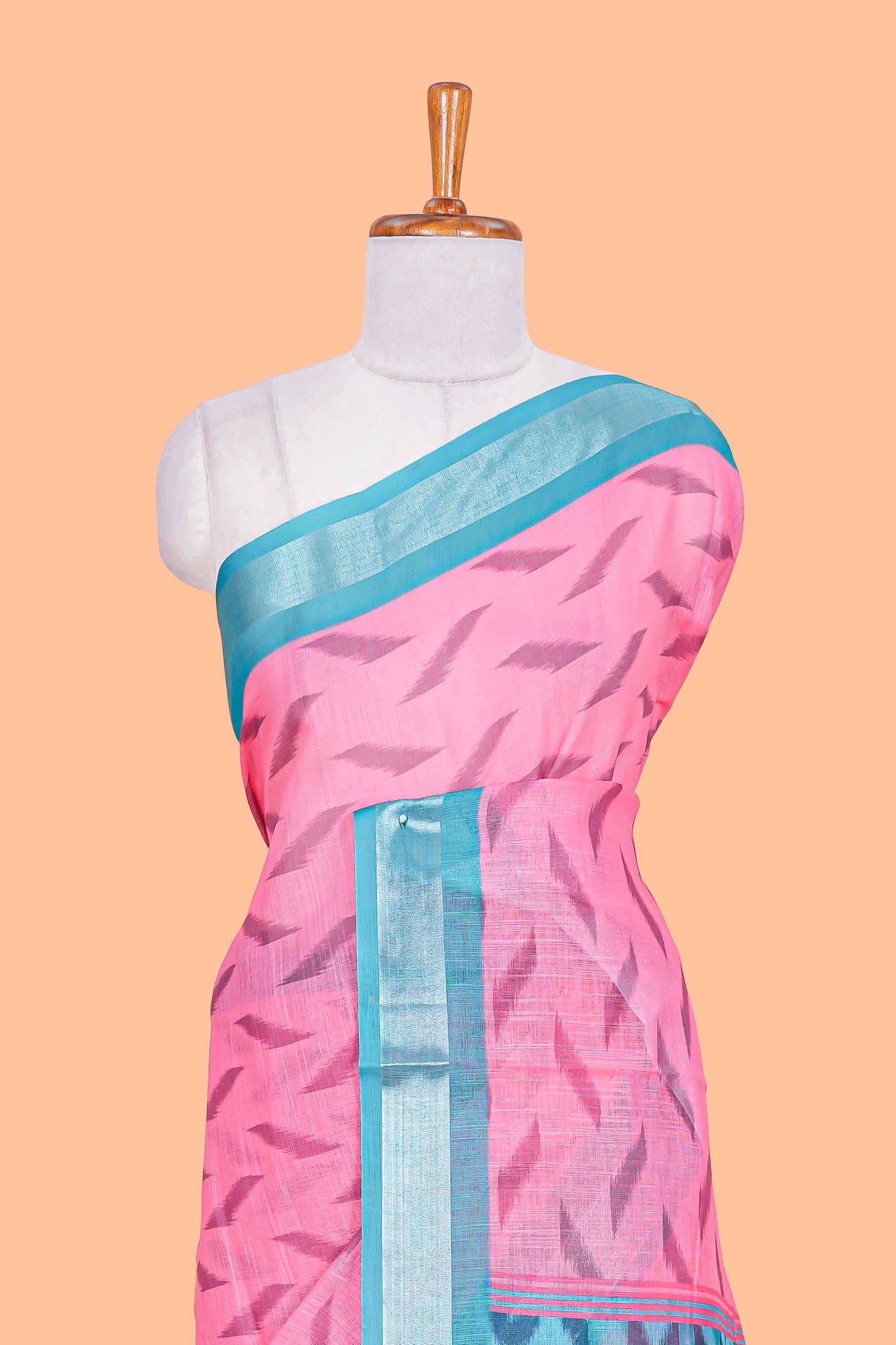 Pink Ikkat style linen cotton saree with contrast border and pallu