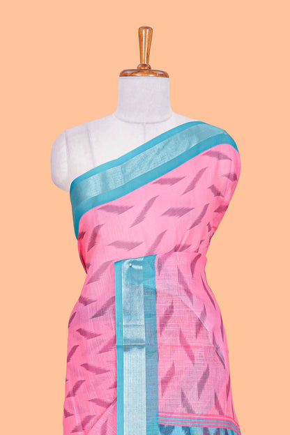 Pink Ikkat style linen cotton saree with contrast border and pallu