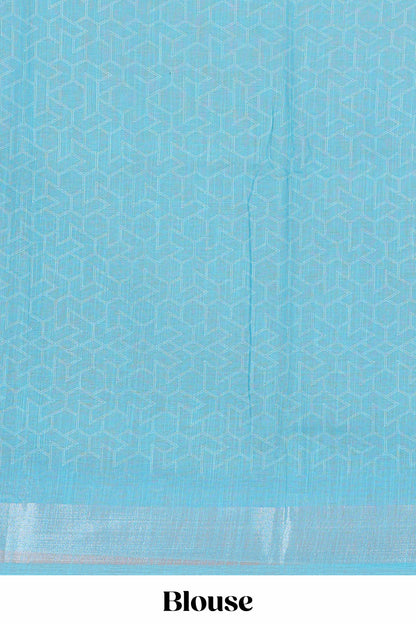 Orange floral printed linen cotton saree with contrast silver zari border, contrast pallu and blouse