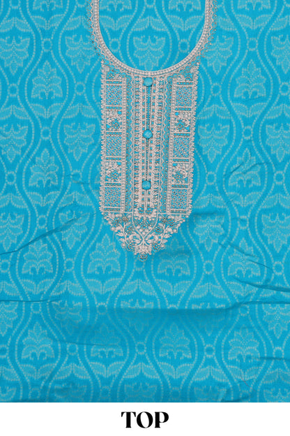 Blue cotton embroidered chudidhar material with floral design bottom and dual shade dupatta