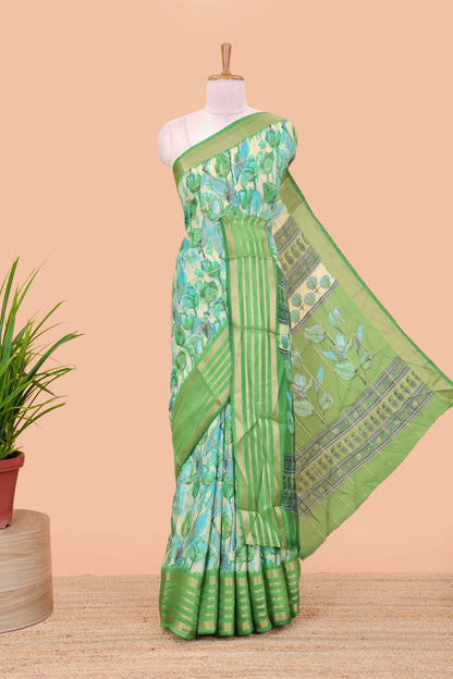Green moss chiffon saree with striped floral print, contrast zari border and pallu