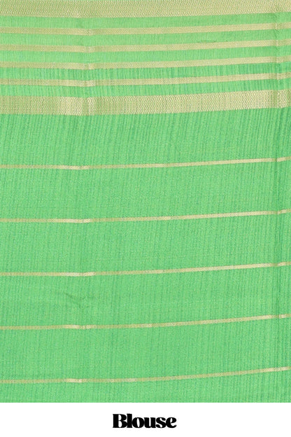Green moss chiffon saree with striped floral print, contrast zari border and pallu