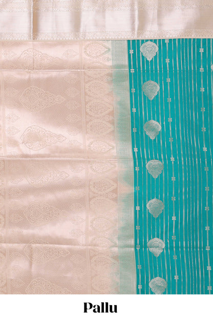 Blue semi soft silk banarasi style saree with gold zari stripes and contrast border