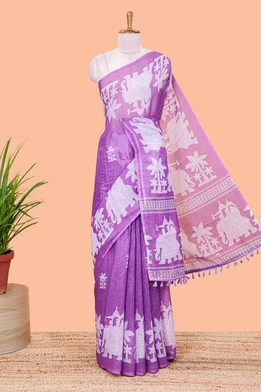 Lavender linen cotton palm tree and elephant print saree with self border and matching printed blouse