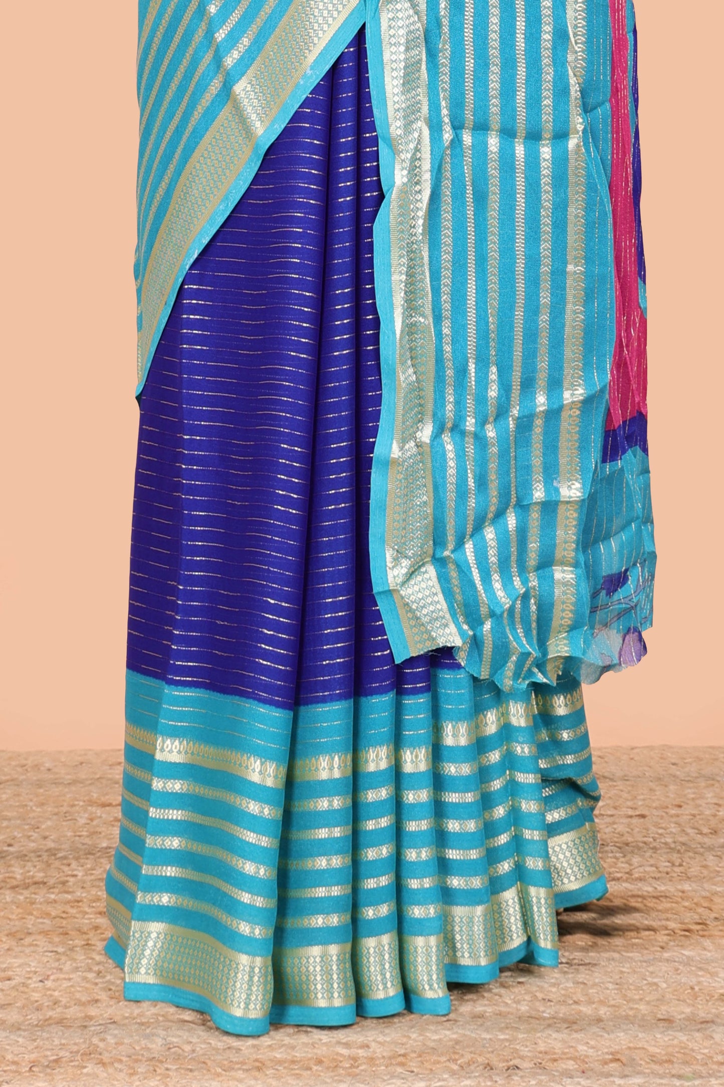 Blue moss chiffon saree with jari weaving, contrast border & printed blouse