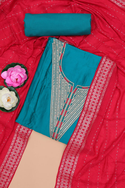 Turquoise blue embroidered cotton silk chudidhar material with sequin work and contrast dupatta