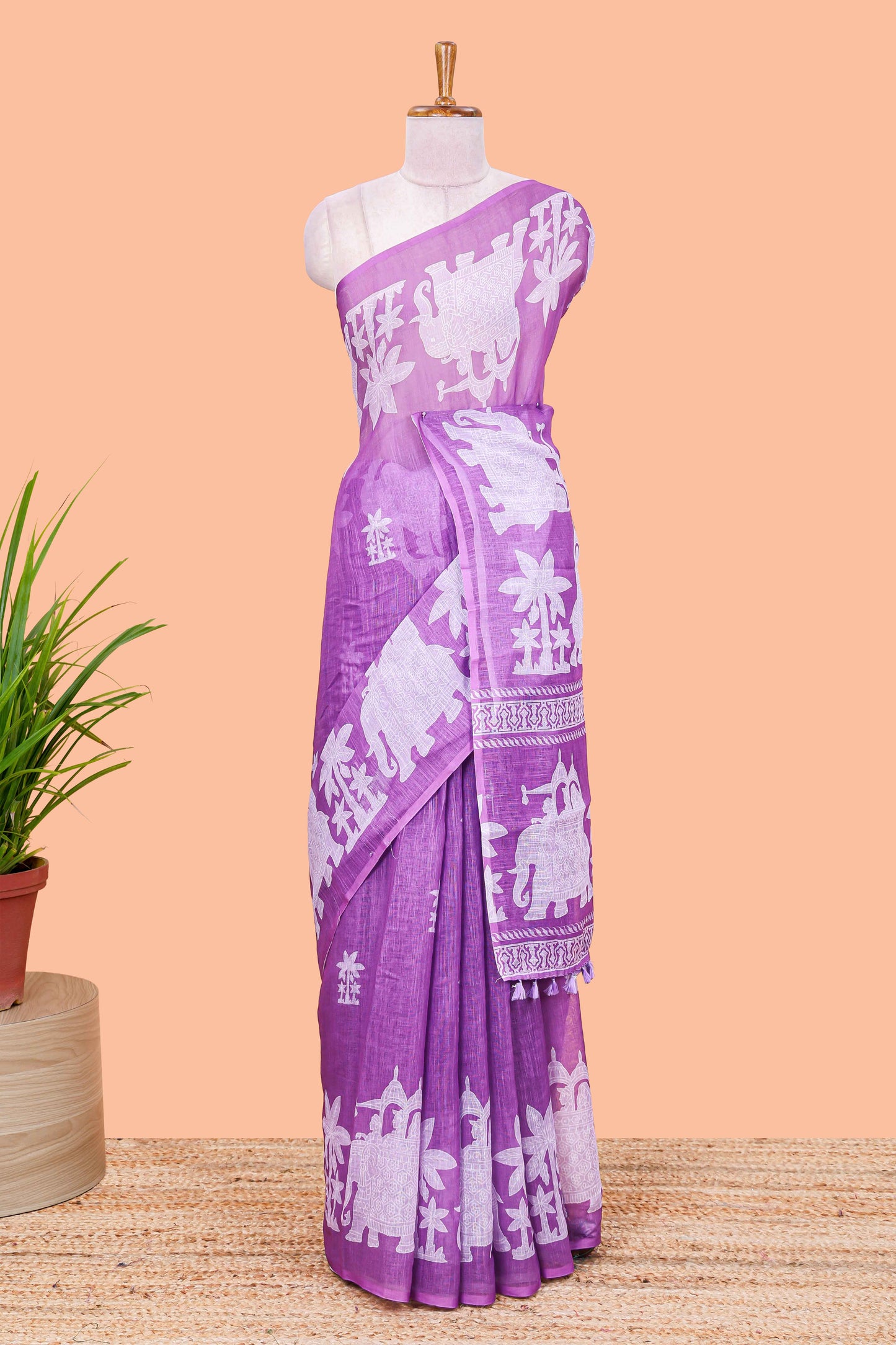 Lavender linen cotton palm tree and elephant print saree with self border and matching printed blouse
