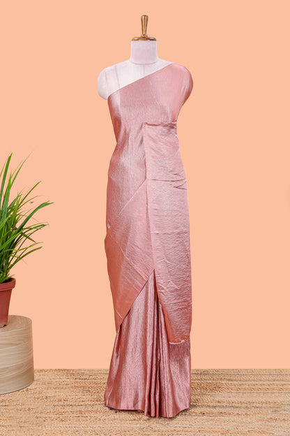 Borderless peach crush texture satin crepe saree with contrast embroidery blouse