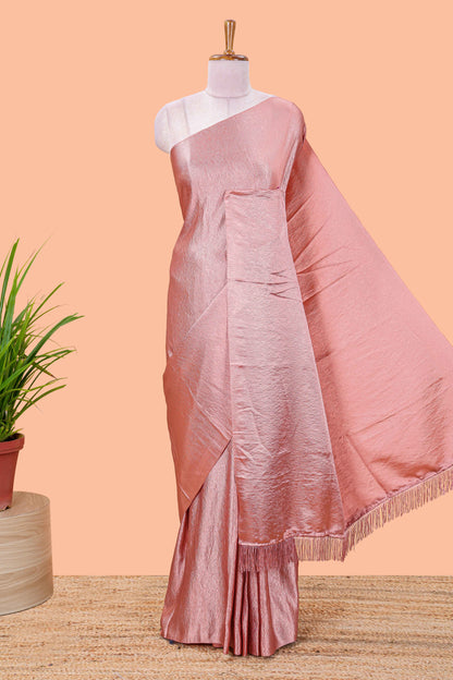 Borderless peach crush texture satin crepe saree with contrast embroidery blouse