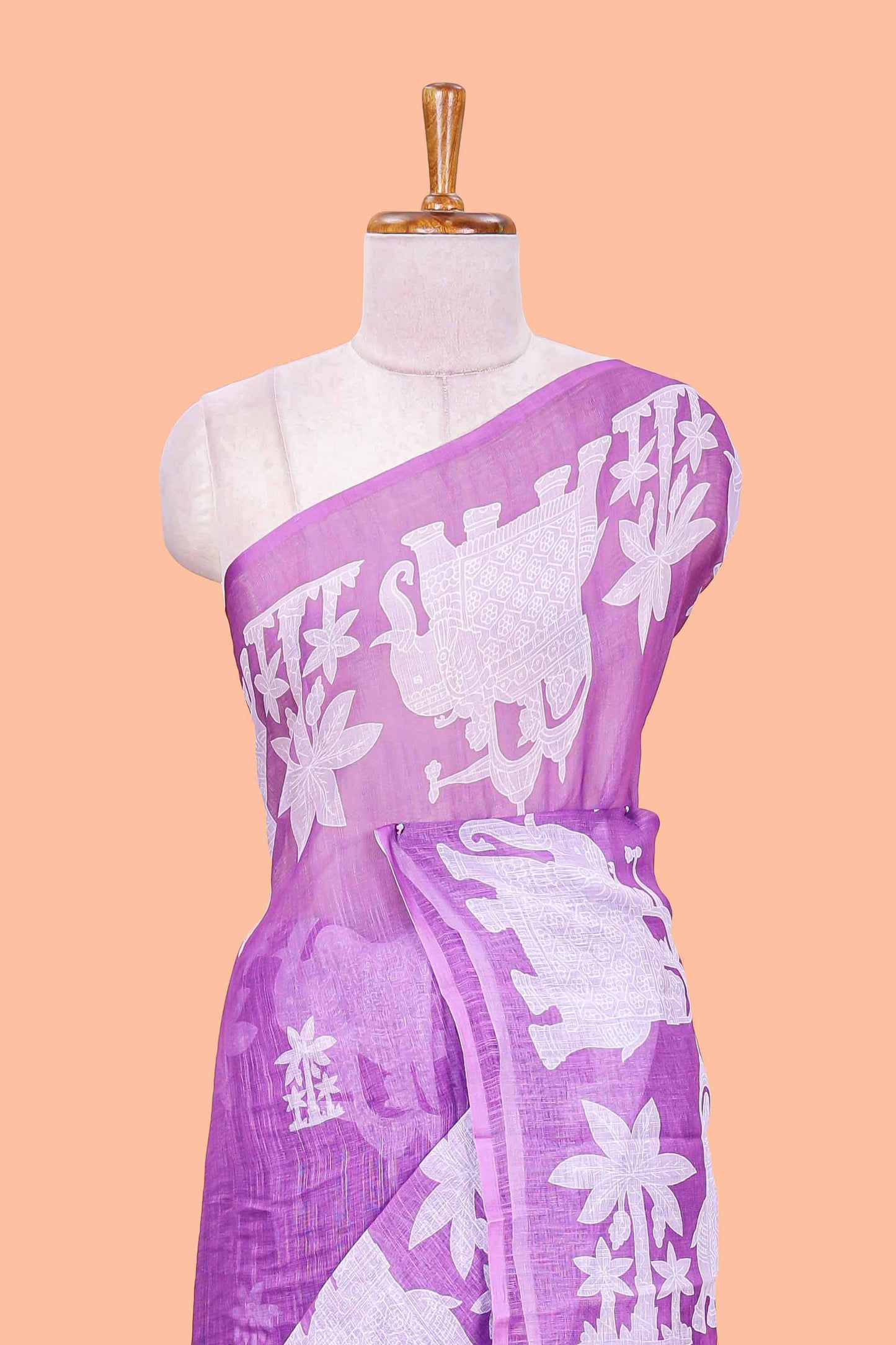 Lavender linen cotton palm tree and elephant print saree with self border and matching printed blouse