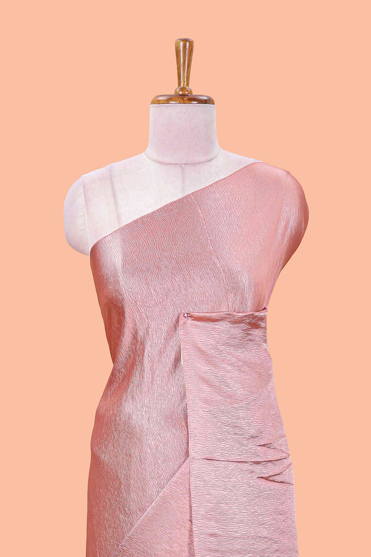 Borderless peach crush texture satin crepe saree with contrast embroidery blouse