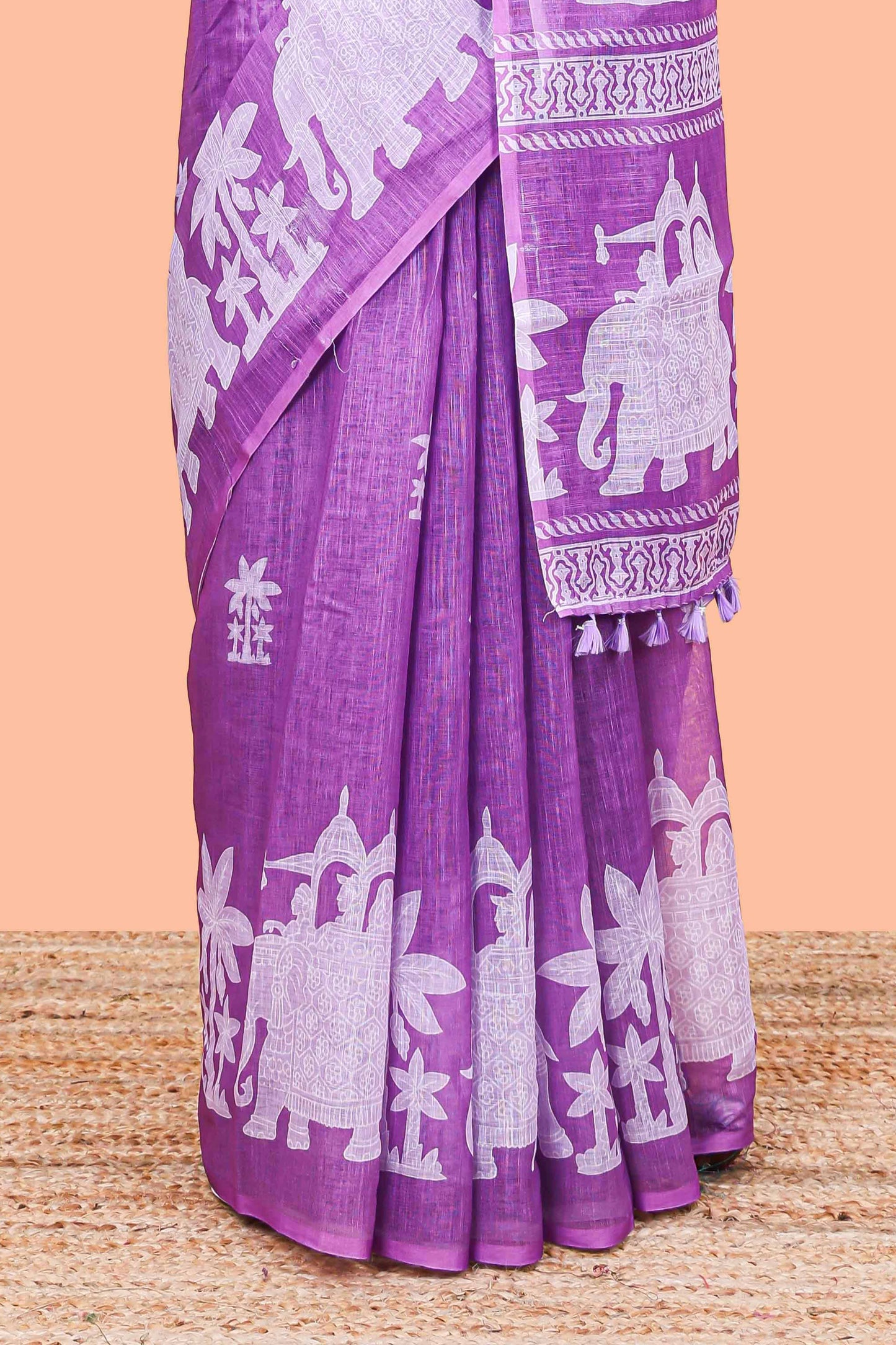 Lavender linen cotton palm tree and elephant print saree with self border and matching printed blouse