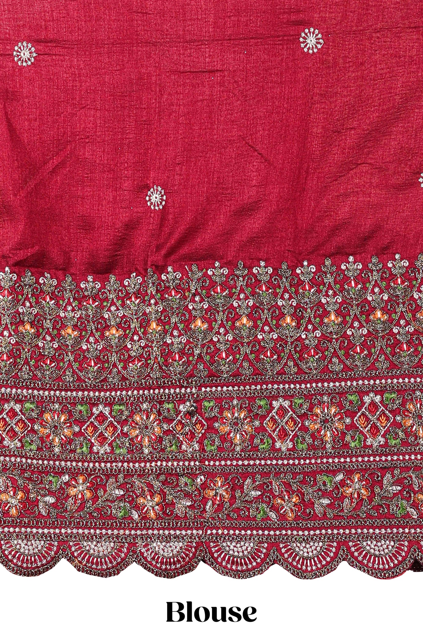 Borderless peach crush texture satin crepe saree with contrast embroidery blouse