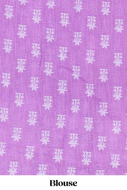 Lavender linen cotton palm tree and elephant print saree with self border and matching printed blouse