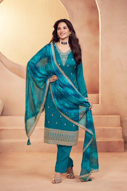 Blue moga silk embroidery chudidhar material with chiffon dupatta