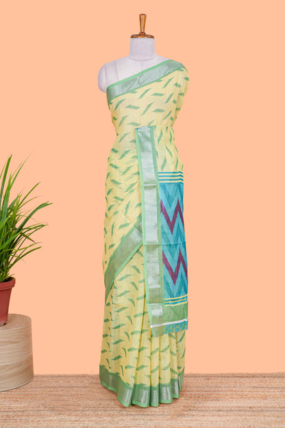 Green Ikkat style linen cotton saree with contrast border and pallu