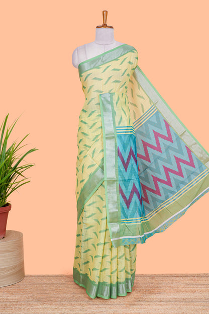 Green Ikkat style linen cotton saree with contrast border and pallu