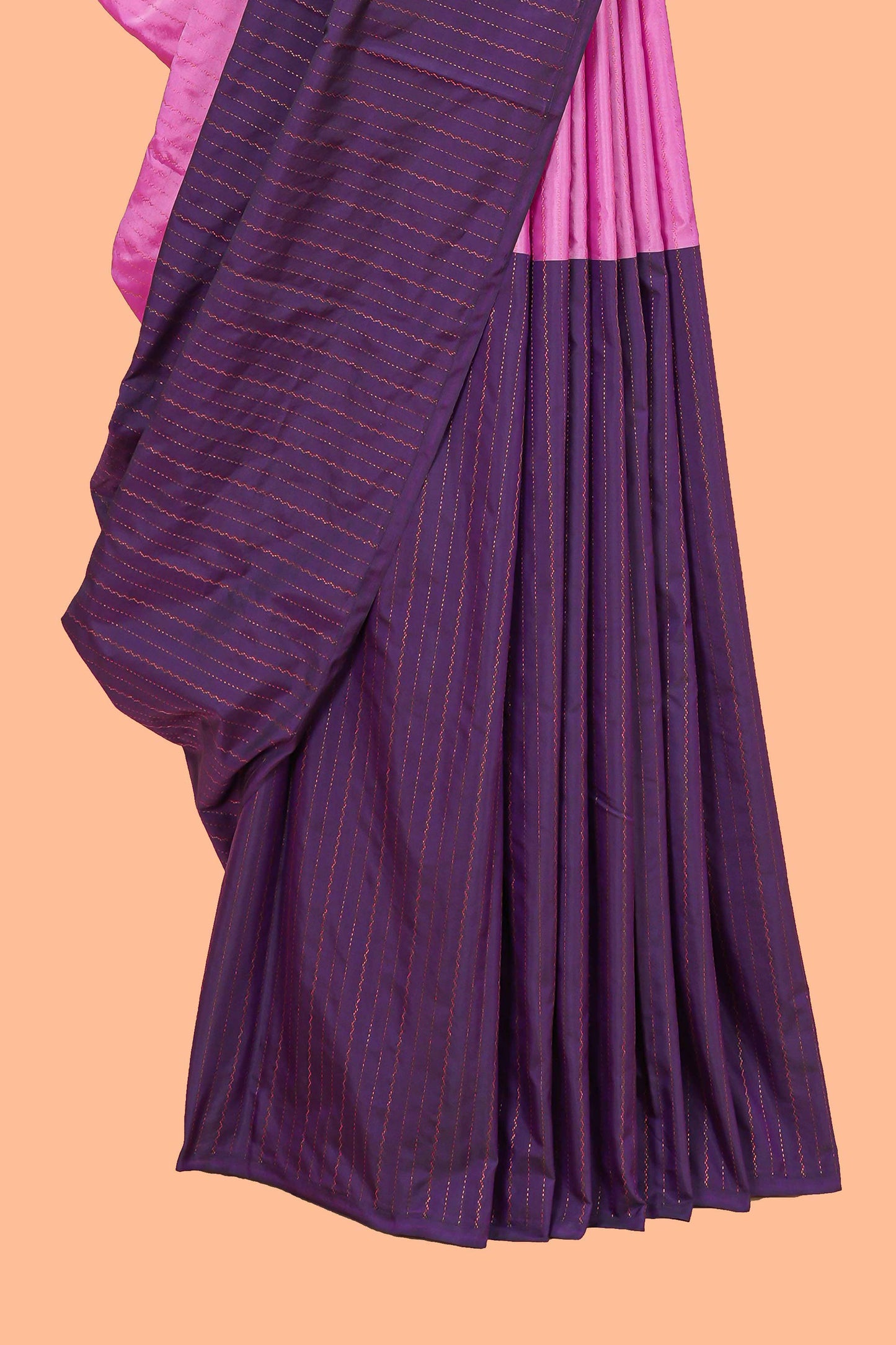 Borderless striped dual color soft silk saree with striped pallu and matching blouse