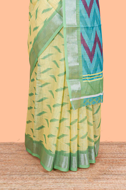 Green Ikkat style linen cotton saree with contrast border and pallu
