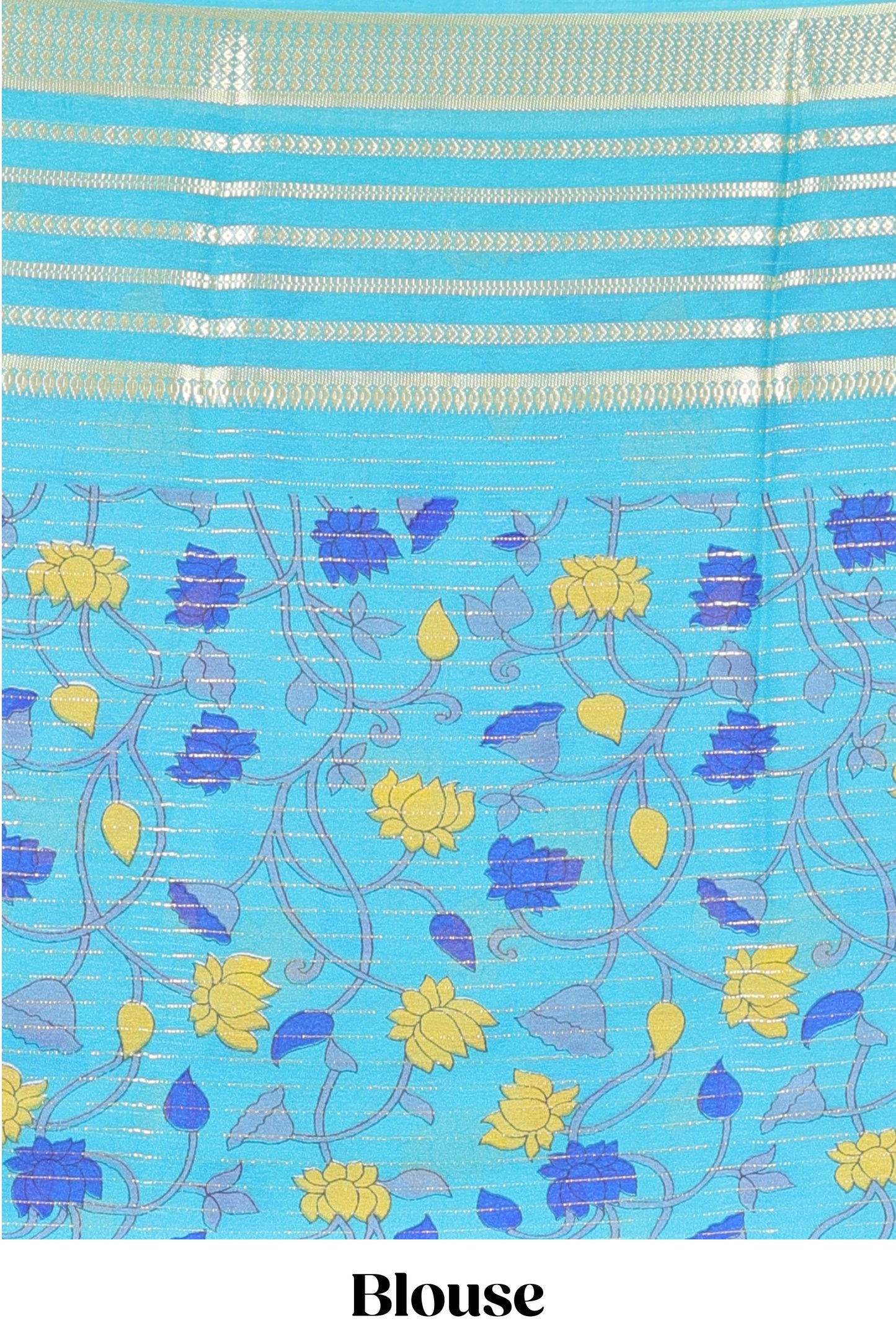 Blue moss chiffon saree with jari weaving, contrast border & printed blouse