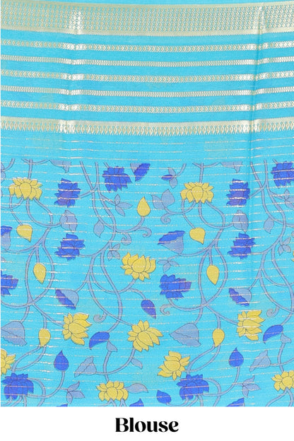 Blue moss chiffon saree with jari weaving, contrast border & printed blouse