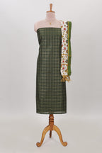 Green checked cotton chudidhar material with matching solid pant and contrast floral dupatta