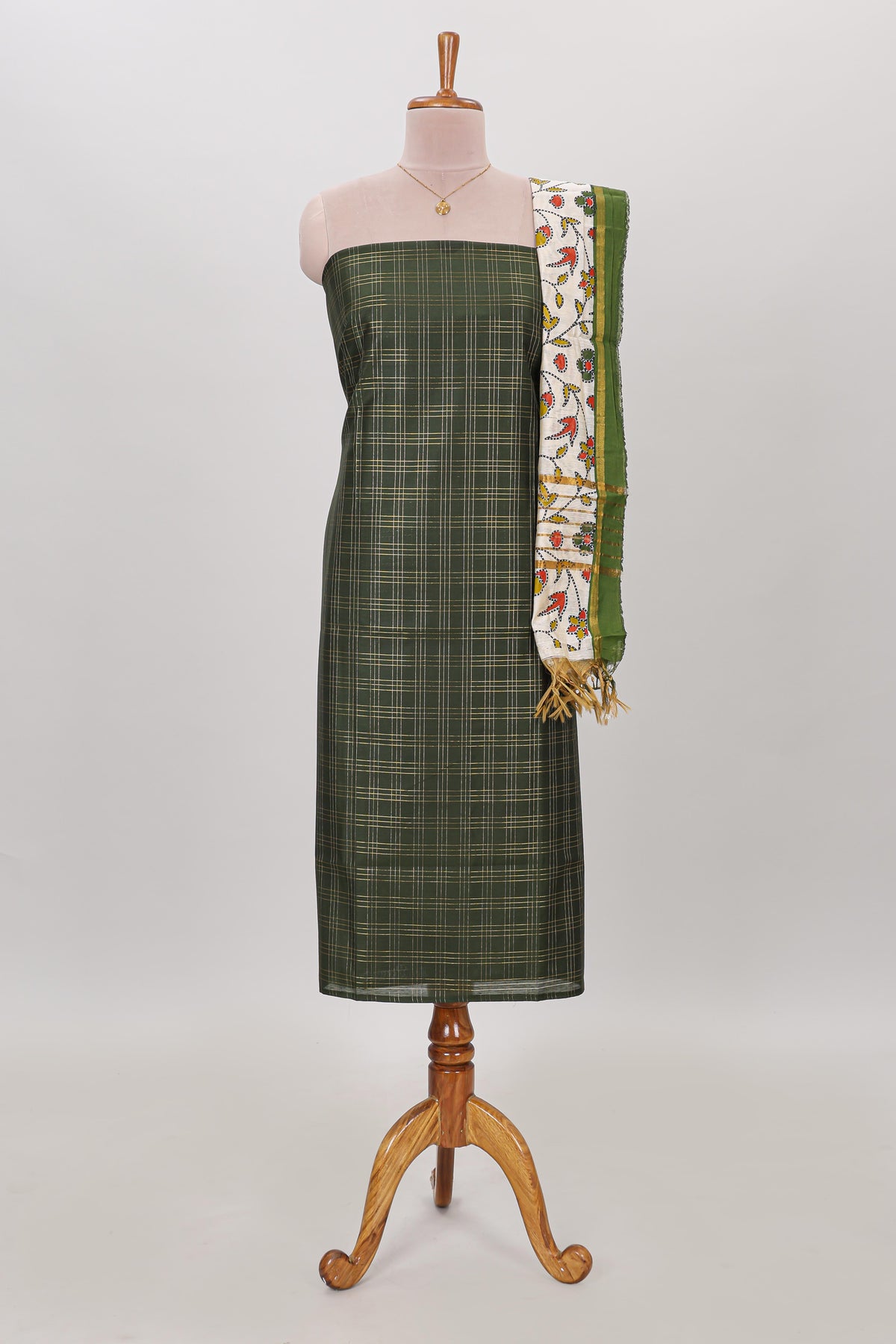 Green checked cotton chudidhar material with matching solid pant and contrast floral dupatta