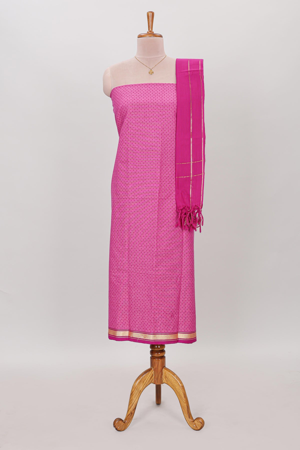 Pink micro butta prints cotton chudidhar material with zari border and matching pant & dupatta