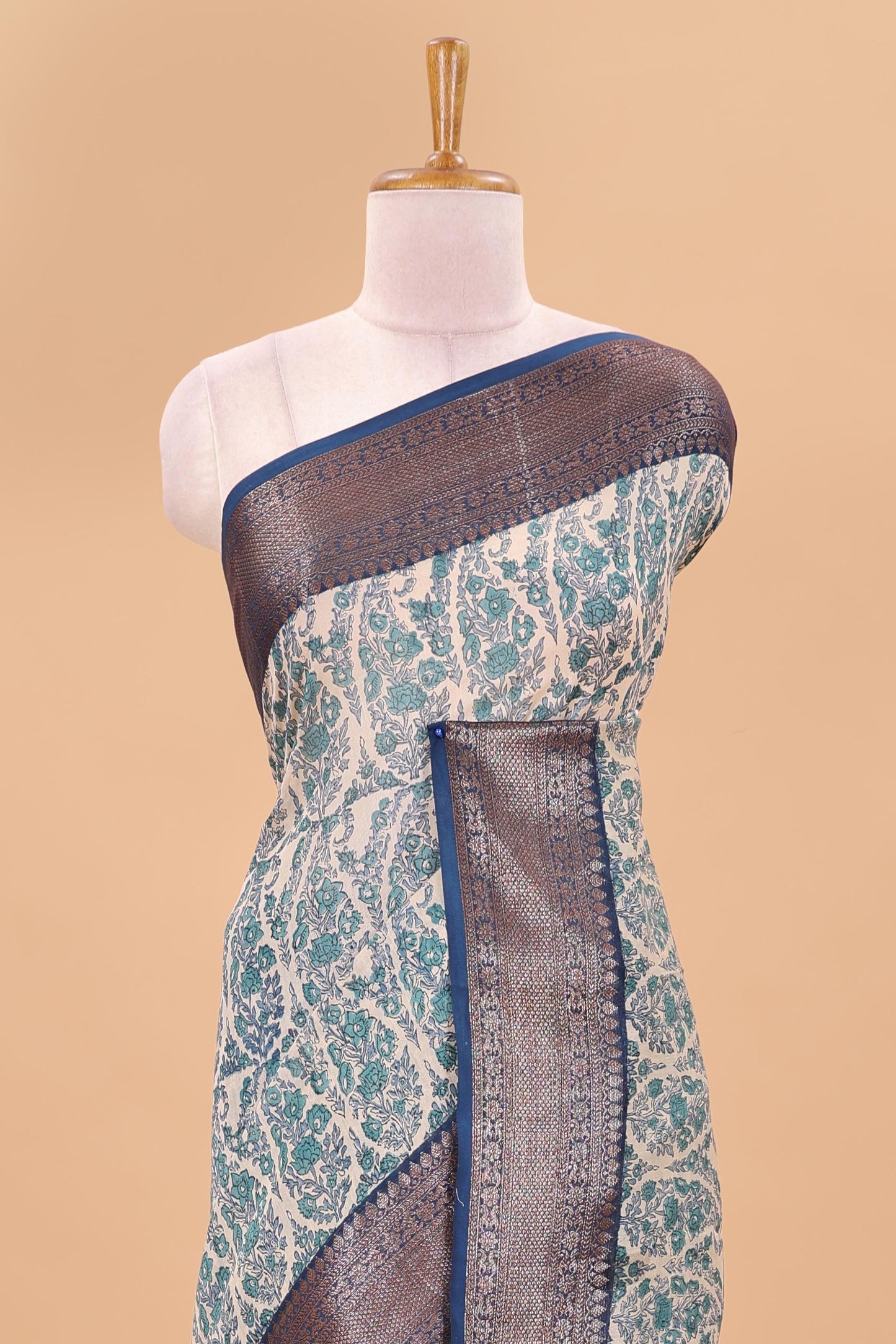 Cream paisley print chanderi cotton saree with contrast zari border and pallu