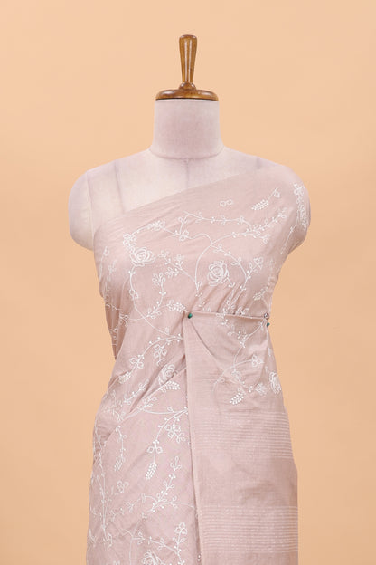 Borderless peach geomentric floral vines chikankari cotton saree with stripes pallu