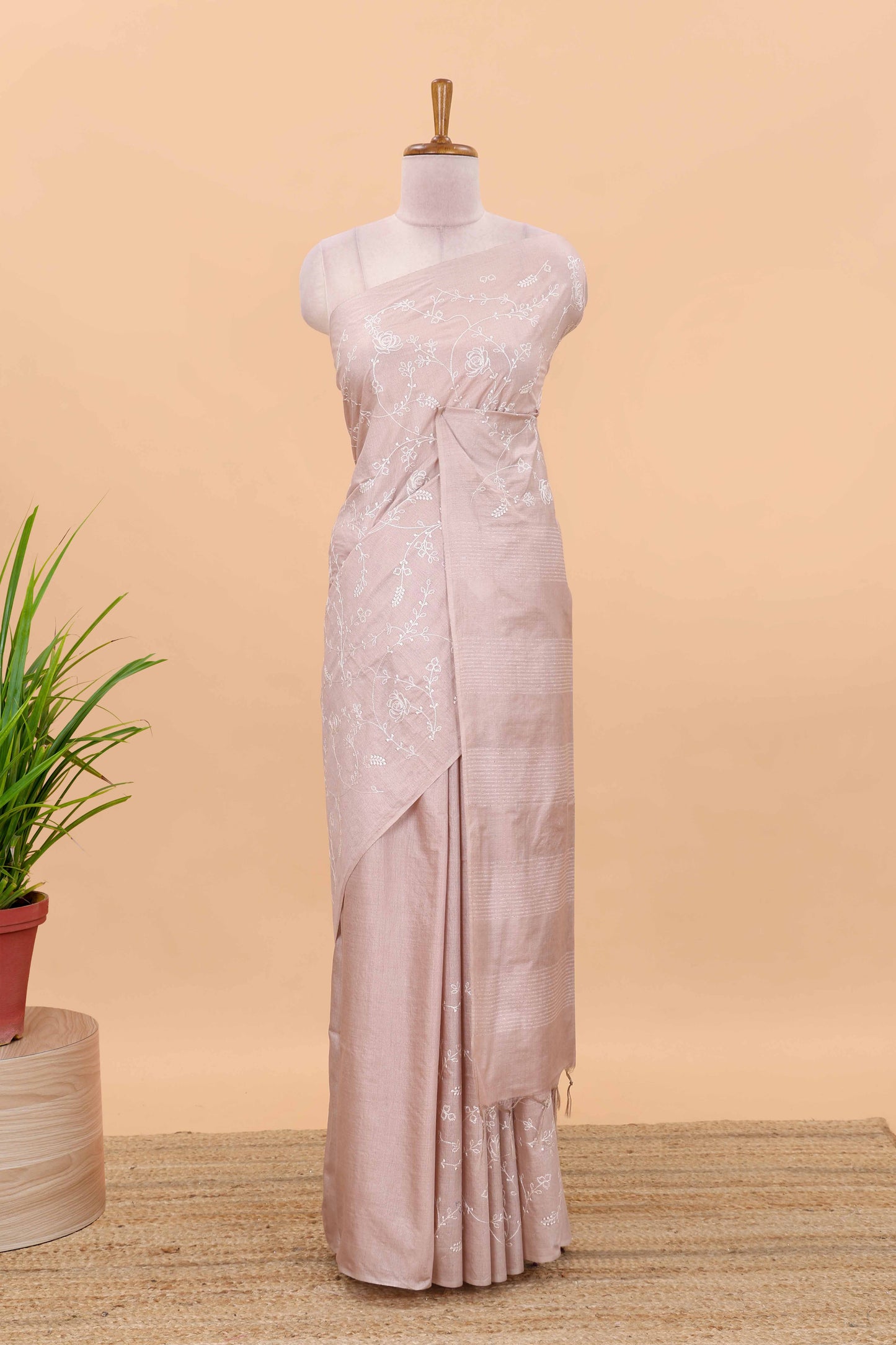 Borderless peach geomentric floral vines chikankari cotton saree with stripes pallu