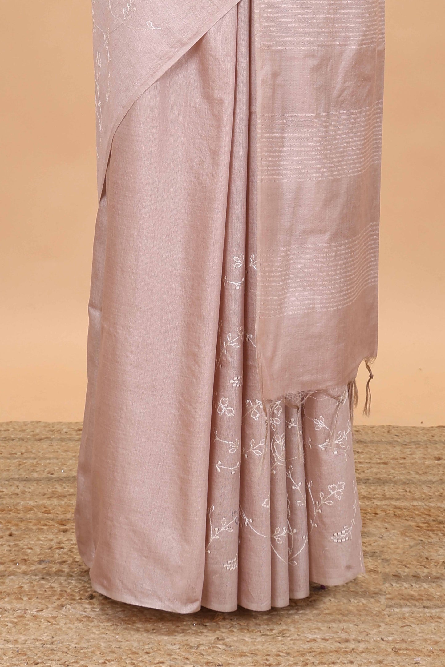 Borderless peach geomentric floral vines chikankari cotton saree with stripes pallu