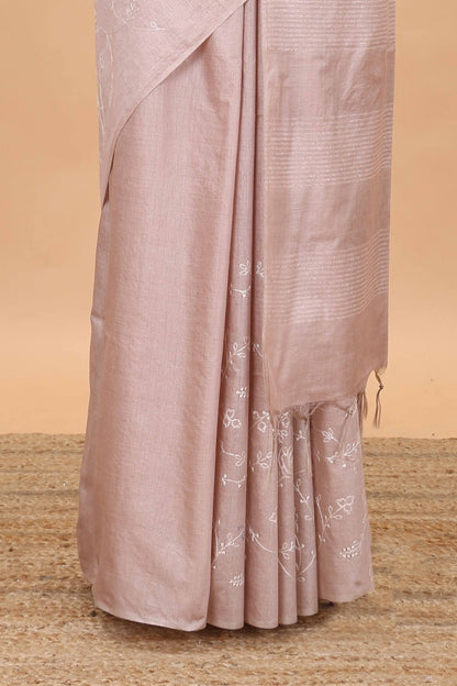 Borderless peach geomentric floral vines chikankari cotton saree with stripes pallu