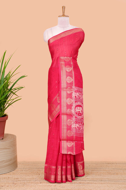 Red viscose dola silk saree with all-over zari butta, elephant motif pallu & contrast blouse