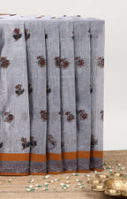 Grey floral butta bengal cotton saree with contrast border and pallu