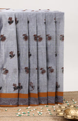 Grey floral butta bengal cotton saree with contrast border and pallu