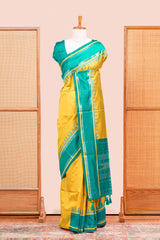 Yellow Retta Petta Art Silk Saree With Plain Body Retta Petta BorderContrast Intricate Gold Zari Stripes Pallu