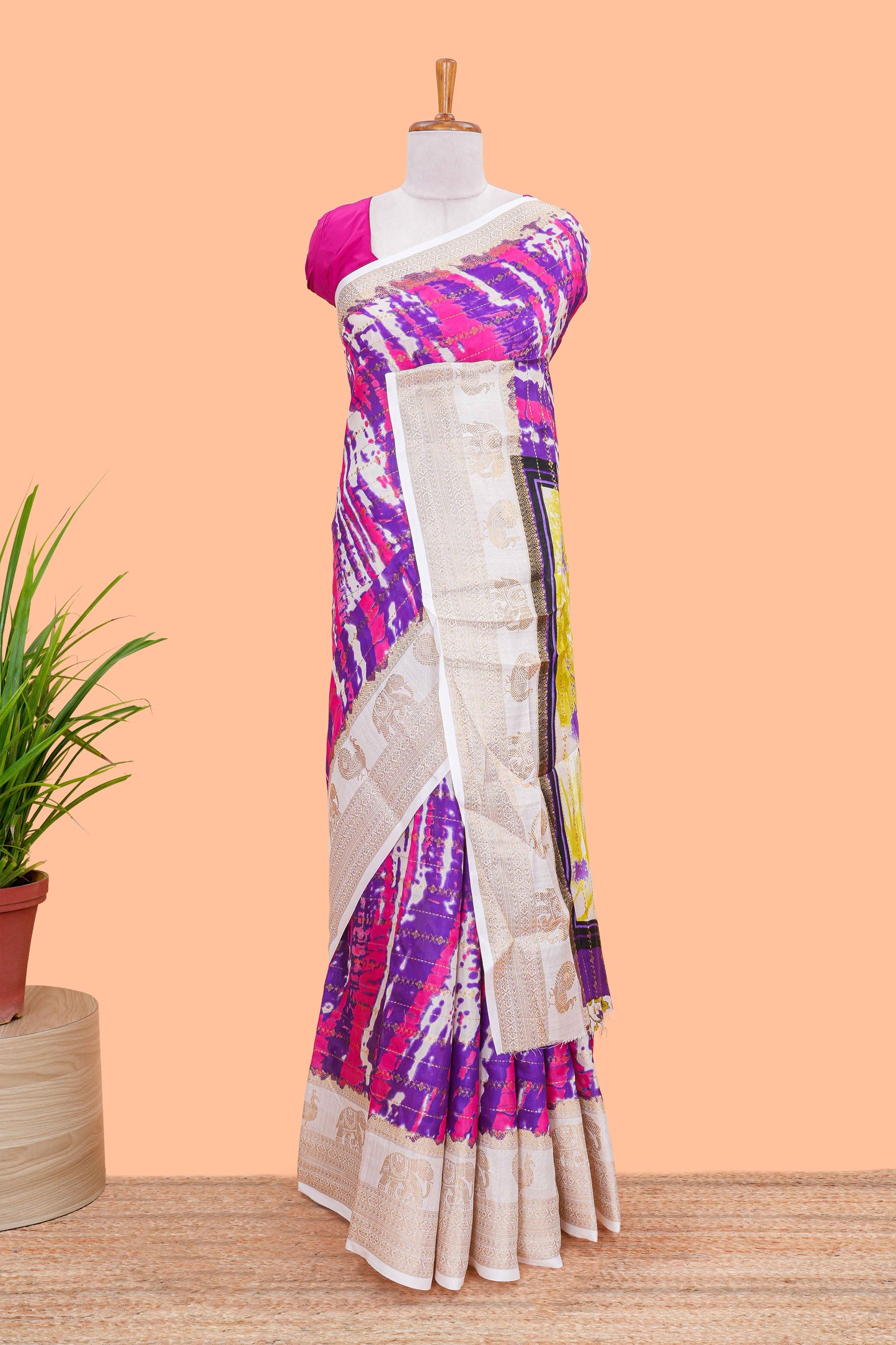dolo silk saree with tie and dye abstract print all over body with kanchipuram border and rajastani village art pallu and floral print blouse