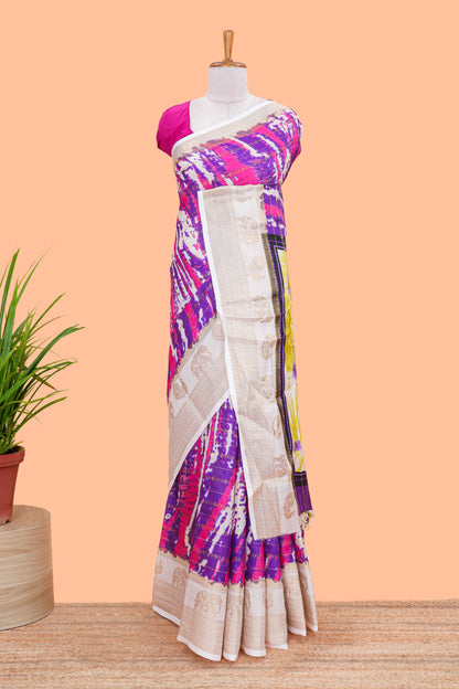 dolo silk saree with tie and dye abstract print all over body with kanchipuram border and rajastani village art pallu and floral print blouse