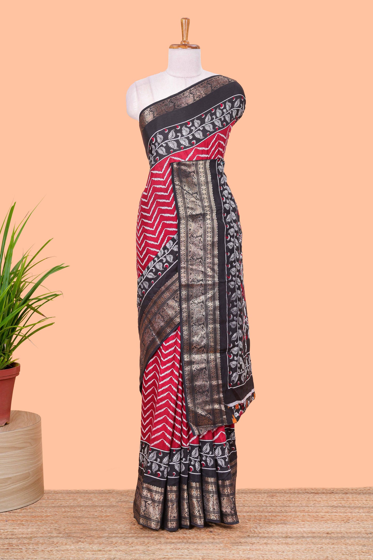 Maroon Tusser Silk Geometrical Design With Jacquard Border