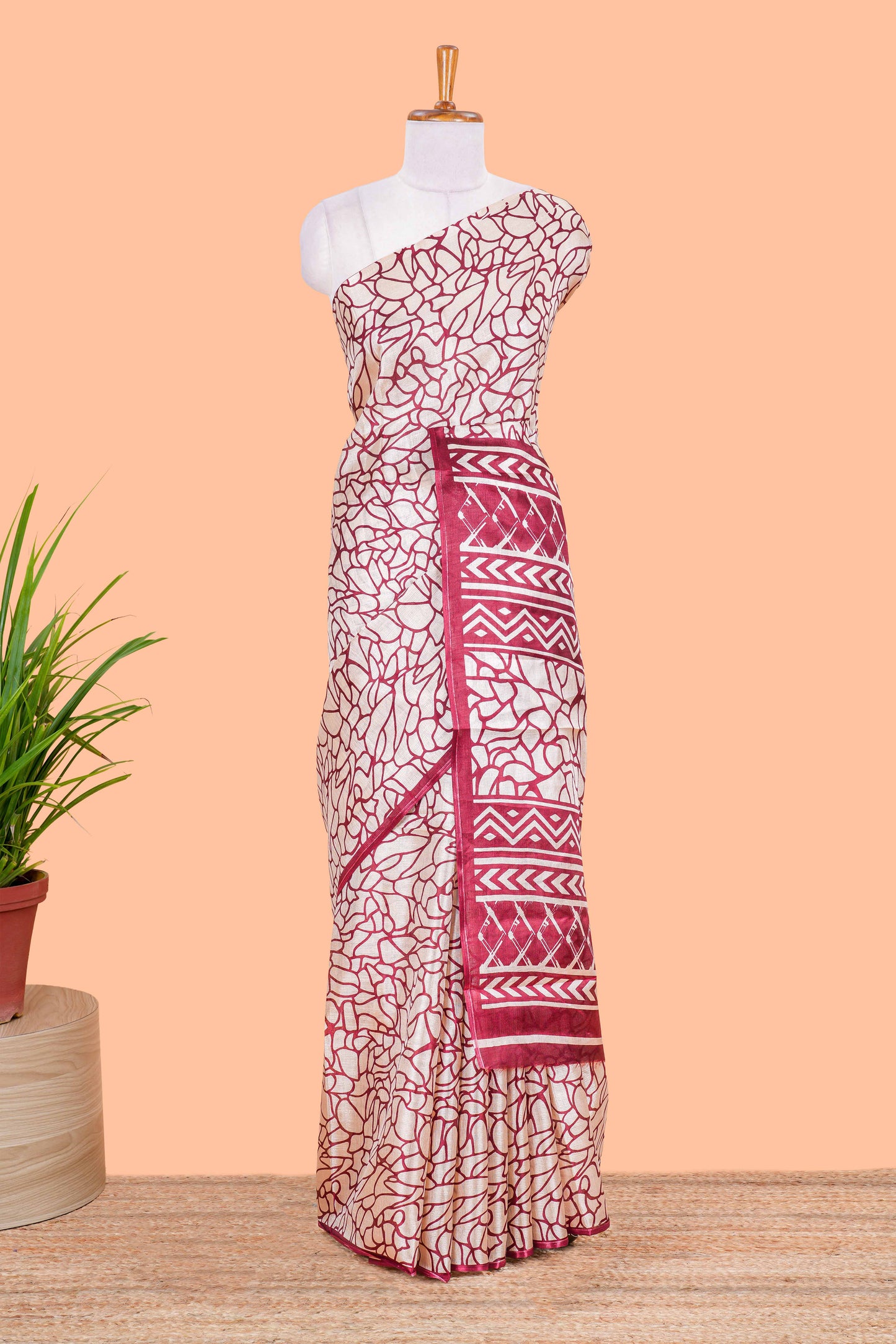 Cream With Maroon Khadi Cotton Abstract Print Design In Body and Pallu