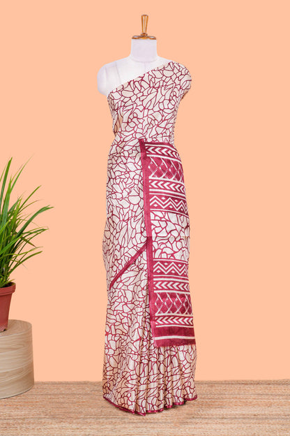 Cream With Maroon Khadi Cotton Abstract Print Design In Body and Pallu