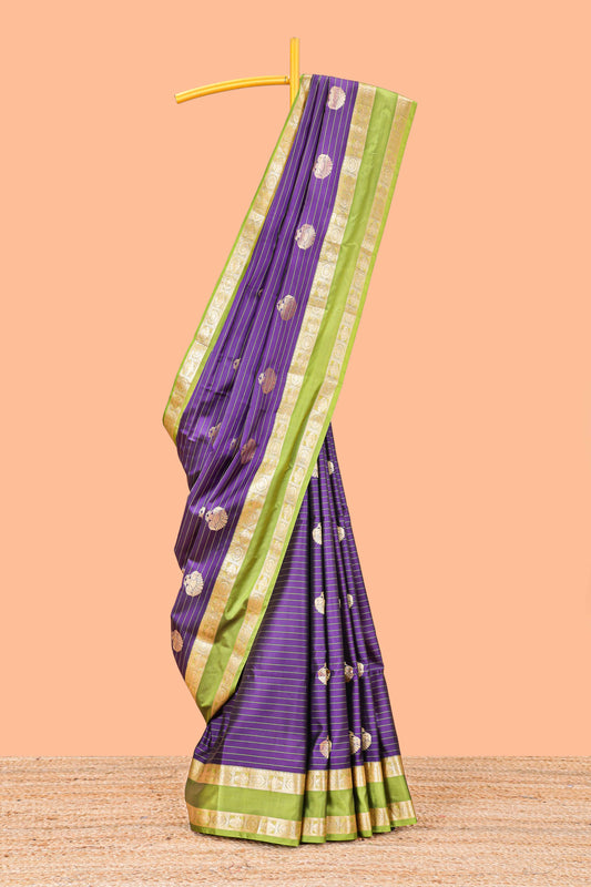 Semi Soft Silk Saree With Gold Zari Peacock Motifs And Bentex Border With Rich Pallu